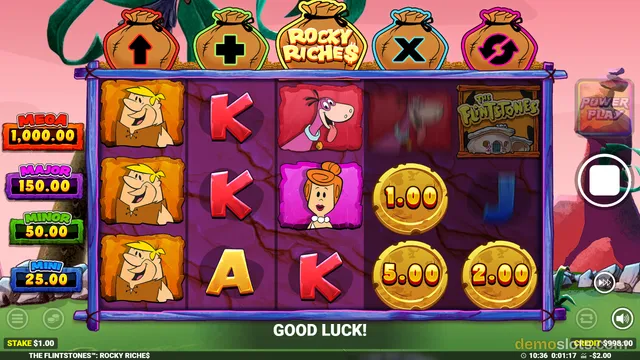 Reel display showing Fred, K, Dino, A, J symbols with golden numbered coin symbols (1.00, 5.00, 2.00) indicating win state.