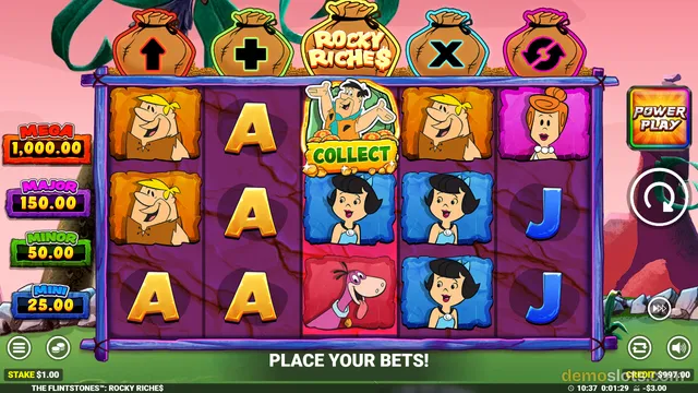 Base game showing Fred and Betty characters in boxes with a COLLECT feature overlay activated in center reels.
