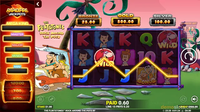 A slot game titled The Flintstones Rock Around the Pots shows a 5x3 grid with cartoon characters and letters, with a jackpot ladder on the left and a paid win of 0.60.