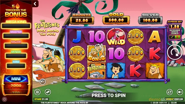 A slot game titled The Flintstones Rock Around the Pots shows a 5x3 grid of symbols with jackpot labels above and a PRESS TO SPIN prompt at the bottom.