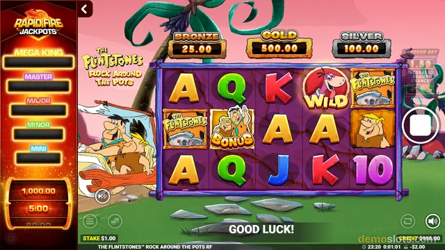 A 5x4 slot grid showing The Flintstones Rock Around the Pots theme with cartoon symbols and jackpot values displayed above the reels.