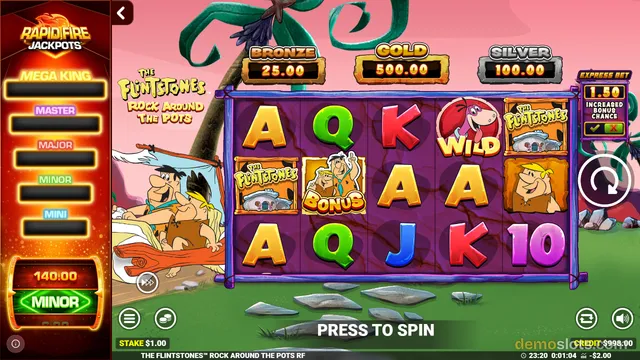 A 5x3 slot grid showing The Flintstones themed symbols with jackpot labels above the reels and a press-to-spin prompt at the bottom.