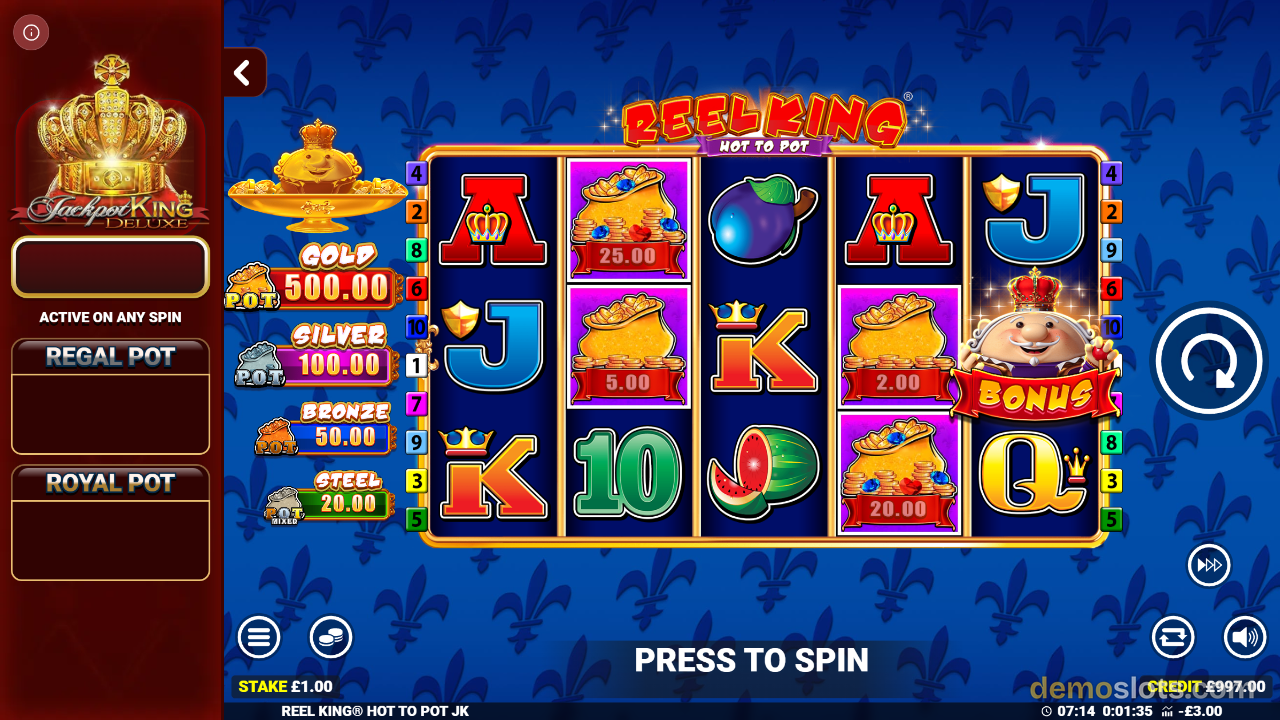Reel King Hot To Pot game showing different reel positions with pot symbols and character.