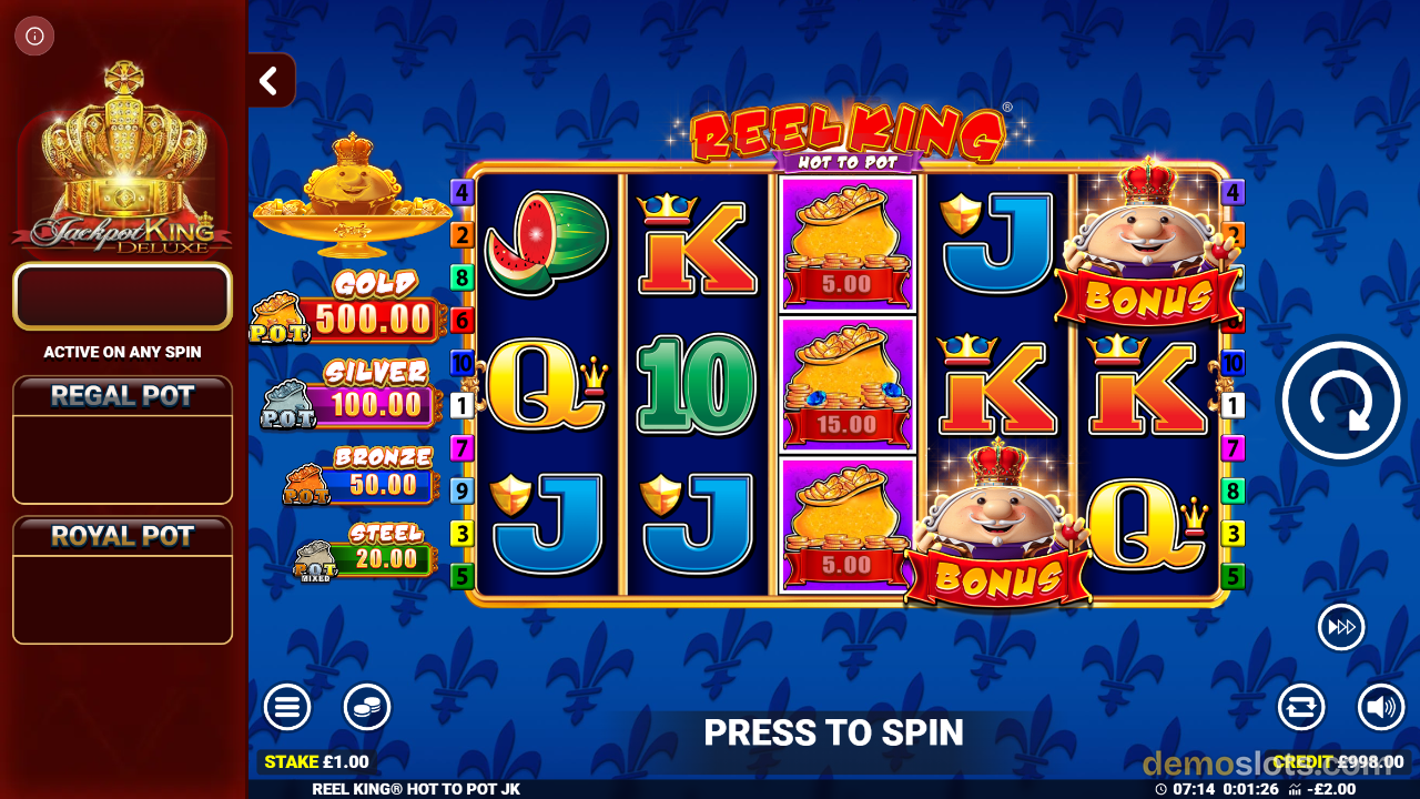 Reel King Hot To Pot slot showing 5-reel base game with pot symbols and character bonus.