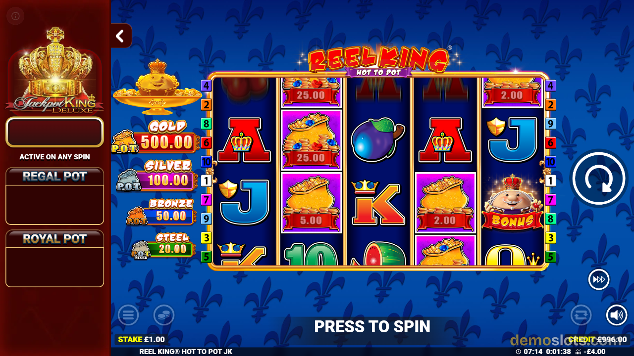 Reel King Hot To Pot showing different spin result with pot symbols and character.
