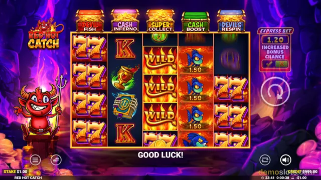A 5x4 slot game titled Red Hot Catch shows reels filled with fiery symbols and a cartoon devil character on the left.