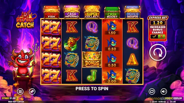 A slot game grid with a red devil mascot on the left, five treasure chests above the reels, and five columns of symbols including sevens, letters, and fish with values.