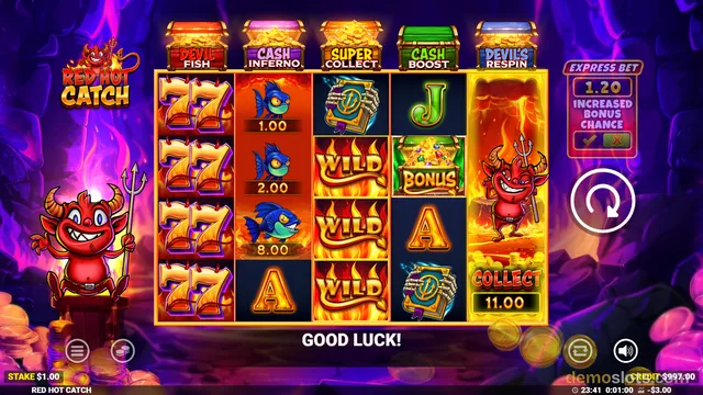 A 5-reel slot game titled Red Hot Catch shows a fiery devil theme with a grid of symbols including sevens, fish, wilds, and bonus icons, with a 'GOOD LUCK!' message at the bottom and a stake of $1.00 displayed on the left.