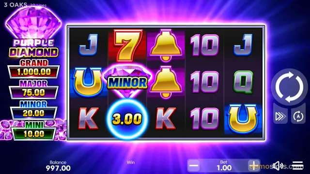 A slot machine game featuring a 5x3 grid of symbols with a purple diamond jackpot sidebar and neon lighting effects.