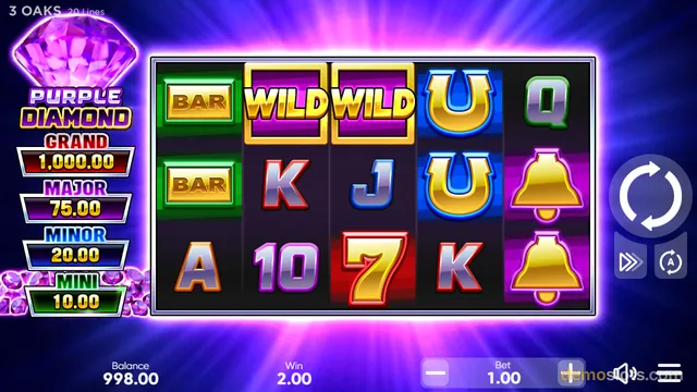 A slot machine game screen with a purple and blue neon theme displaying a 5 by 3 grid of symbols including bars, wilds, and playing cards.