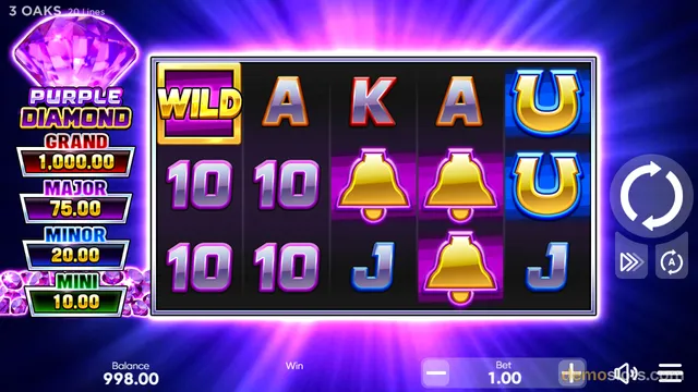 A 5x3 slot game grid displays a settled combination with WILD, letter, and bell symbols against a purple background, flanked by a jackpot sidebar and control buttons.