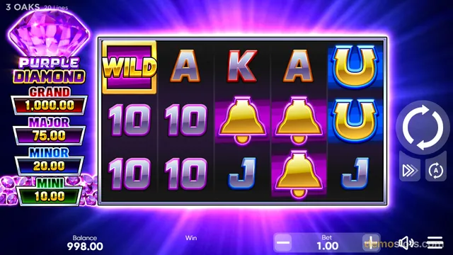 A bright slot game screen showing a 5x3 grid with a wild symbol, bells, horseshoes, and playing card icons against a purple radial background, with a jackpot meter on the left.