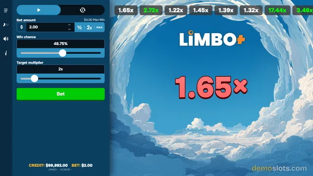 A screenshot of the Limbo+ crash game interface showing a cloud-themed background with a current multiplier of 1.65x and a betting panel on the left.