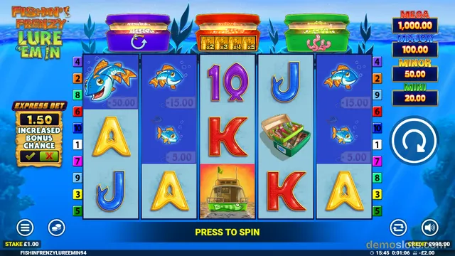 A screenshot of the Fishin' Frenzy: Lure 'Em In slot game showing a 5x3 grid with various fish and card symbols on an underwater background.