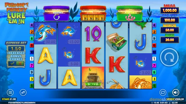 A fully rendered screen of the 'Fishin' Frenzy Lure 'Em In' slot game showing a 5x3 grid of symbols including fish, treasure chests, and playing card letters on an underwater background.