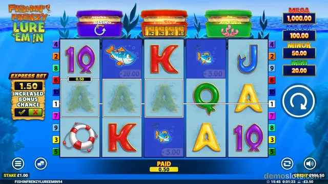A screenshot of the 'Fishin' Frenzy Lure 'Em In' slot game showing a 5x3 grid of symbols over an underwater background with various UI panels on the sides.