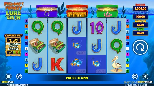 A 5-reel, 3-row slot game with an underwater theme, featuring a grid of card symbols, fish, a pelican, and a treasure box.