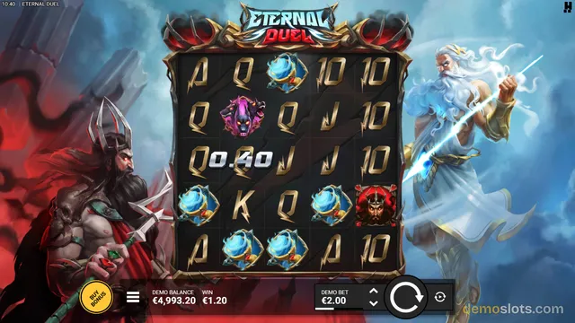 A fantasy-themed slot game screen titled 'Eternal Duel' displays a 5x4 grid of symbols flanked by two large warrior characters, with a bet control panel at the bottom.