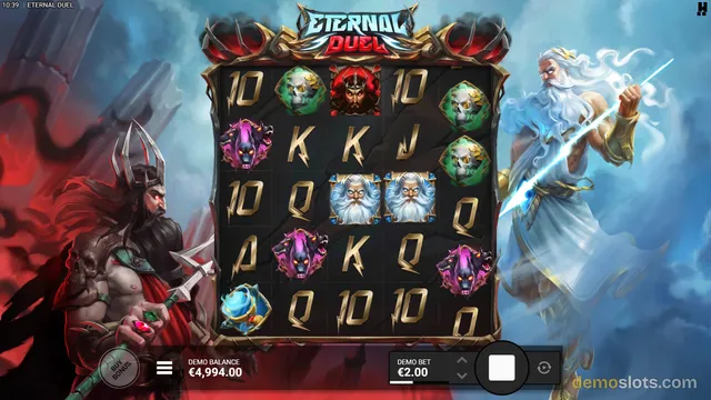 A slot game screen titled ETERNAL DUEL displaying a 5x4 grid of symbols with fantasy warrior characters on either side.