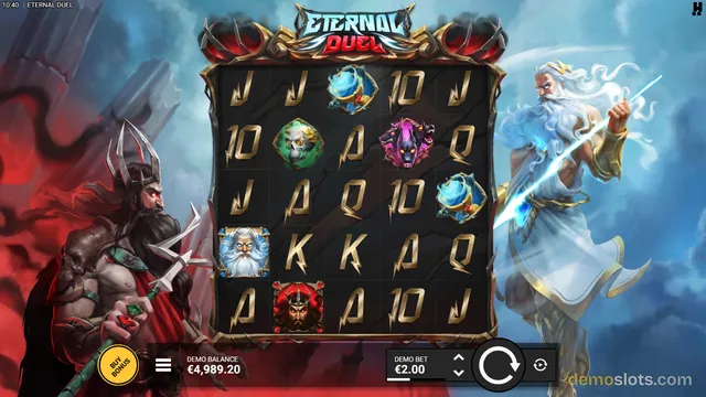 A slot game titled 'Eternal Duel' displays a 5x4 grid of symbols with a warrior character on the left and a mage on the right.