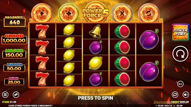 A brightly lit 5x5 slot machine grid displaying a mix of fruit icons, bells, and 7s with a 'PRESS TO SPIN' prompt at the bottom.