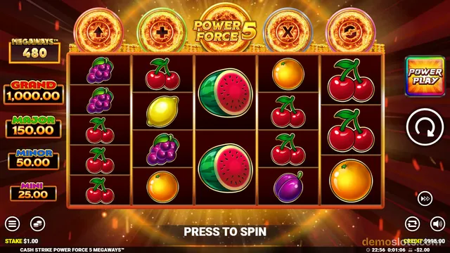A 5x4 slot machine grid displays fruit symbols including watermelon, cherry, and grape, with a 'Power Force 5' feature active above the reels and jackpot values listed on the left.