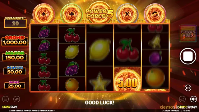A 5-reel slot game grid displaying fruit symbols and a 5.00 win, with jackpot meters on the left and a 'GOOD LUCK!' message at the bottom.