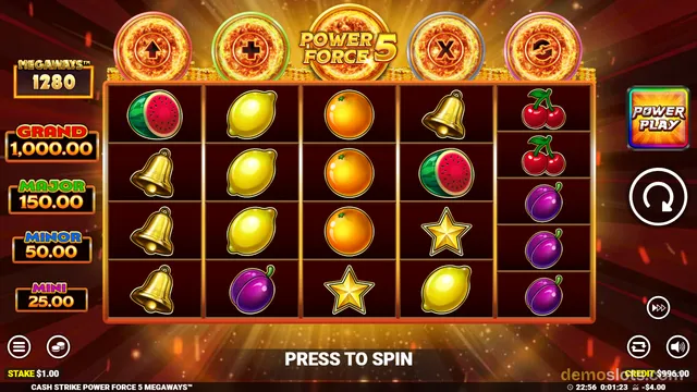 A slot game screen showing a 5x4 grid of symbols including fruit, bells, and stars, with a 'PRESS TO SPIN' button at the bottom.