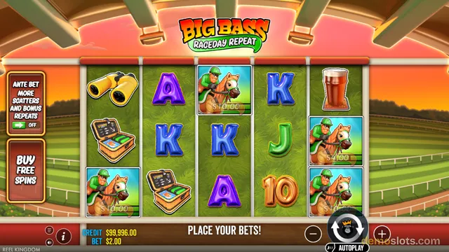 A 5x3 slot grid showing a horse racing themed game with symbols including jockeys on horses, binoculars, suitcases, and playing card letters, with the title Big Bass Raceday Repeat at the top.