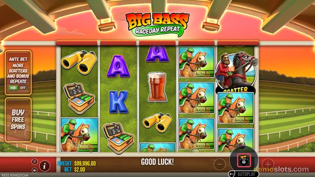 A slot game titled Big Bass Raceday Repeat shows a 5x3 grid of horse-racing themed symbols with a jockey on a horse appearing multiple times.
