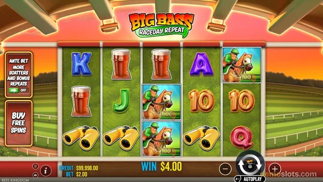 A slot game titled Big Bass Raceday Repeat shows a 5x3 reel grid with symbols like a jockey on a horse, beer glasses, binoculars, and card letters, with a win of $4.00 displayed.