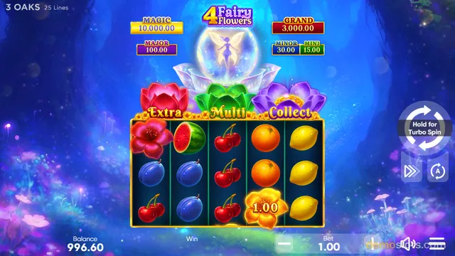 A 5x3 slot game grid titled 4 Fairy Flowers with fruit symbols and a golden flower win of 1.00, set against a glowing blue forest background.