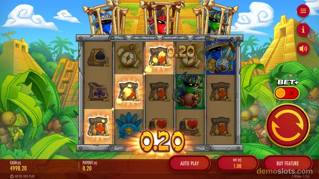 A 5x3 slot game grid shows cartoonish explorer symbols and a 0.20 payout, with three masked characters displayed above the reels.