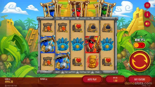 A 5x3 slot game grid with cartoon jungle-themed symbols, showing three masked characters above the reels and a red masked gunslinger symbol on the grid.