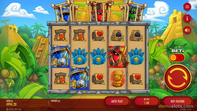 A 5x3 slot game grid with jungle-themed symbols sits beneath a top row of three masked characters, with a cash value of 4994.20 and bet of 1.00 shown at the bottom.
