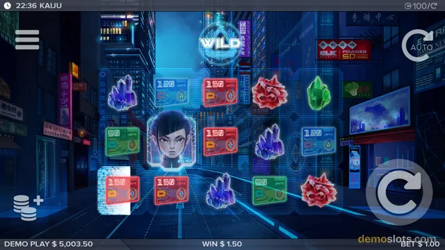 A cyberpunk-themed slot game grid is displayed with a win of $1.50 and a balance of $5,003.50.