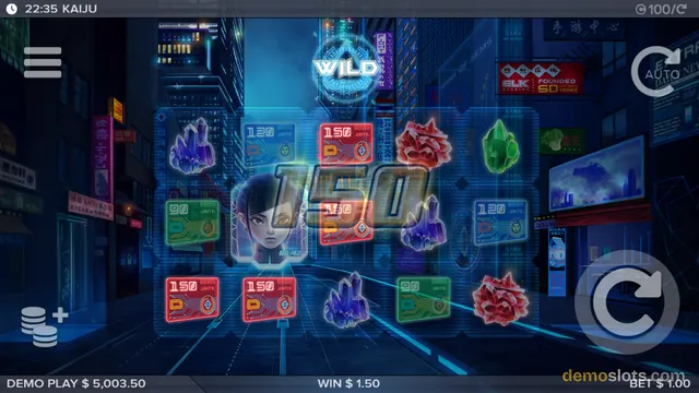 A cyberpunk-themed slot game screen displays a 5x3 grid of symbols with a large win multiplier overlay in the center.