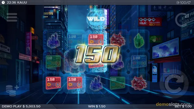 A screenshot of a cyberpunk-themed slot game showing a 5-reel grid with a large '150' win multiplier displayed in the center.