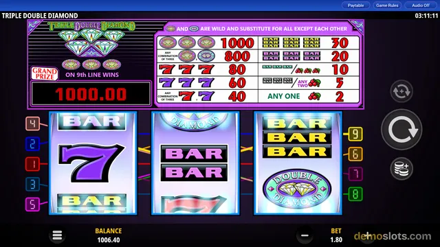 A slot machine screen for Triple Double Diamond shows a 3-reel grid with a large purple 7, BARs, and diamond symbols, accompanied by a payout table and a win display of 1000.00.
