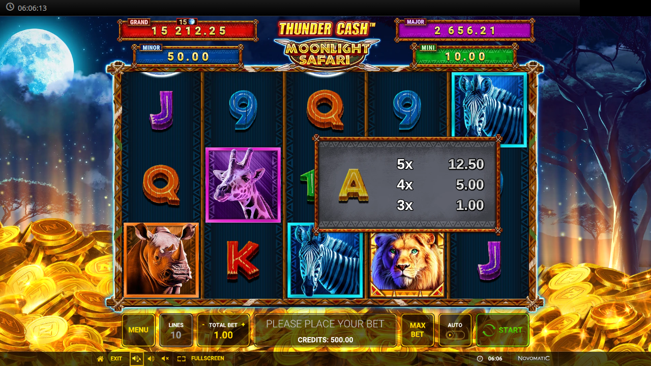 A slot game titled Thunder Cash Moonlight Safari shows a 5x3 reel grid with animal and letter symbols, a paytable overlay, and a moonlit savanna background.