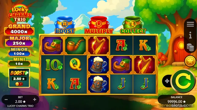 A 5x3 grid slot game with a leprechaun theme, showing a settled board with shoes, pipes, harps, beer mugs, and letter tiles.