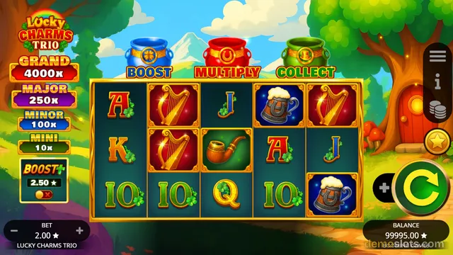 A screenshot of the Lucky Charms Trio slot game showing a 5x3 grid with various symbols and a green button to spin.