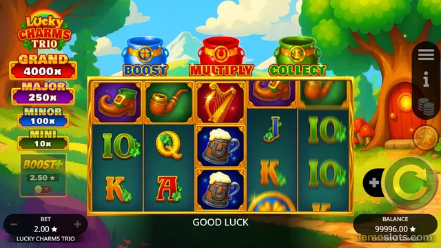 A brightly rendered slot game screen titled Lucky Charms Trio showing a 5x3 grid of symbols in a green forest setting.