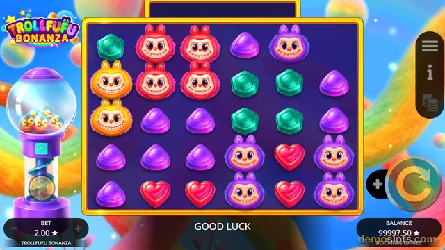 A vibrant slot game grid filled with colorful troll characters and gem symbols sits against a bright, rainbow-colored background.