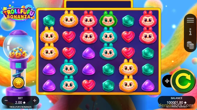A 6x5 grid of colorful cartoon symbols, including furry troll-like characters and gem shapes, sits above a candy-themed background with a gumball machine on the left and a spin button on the right.