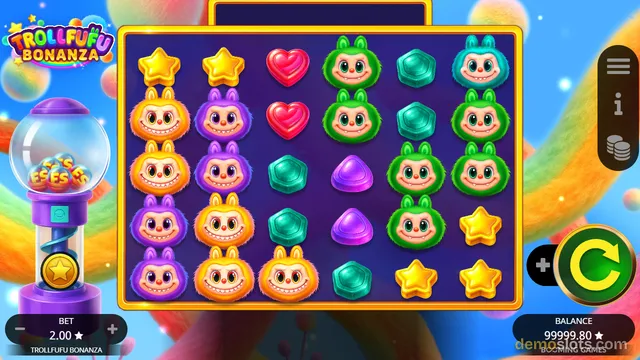 A 5x6 grid of colorful troll-like characters and gem symbols is displayed in a slot game interface with a gumball machine on the left.