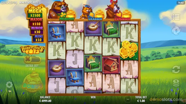 A 5x4 slot game grid showing various symbols including letters and themed items, with three bear characters above the reels and jackpot values displayed on the left.