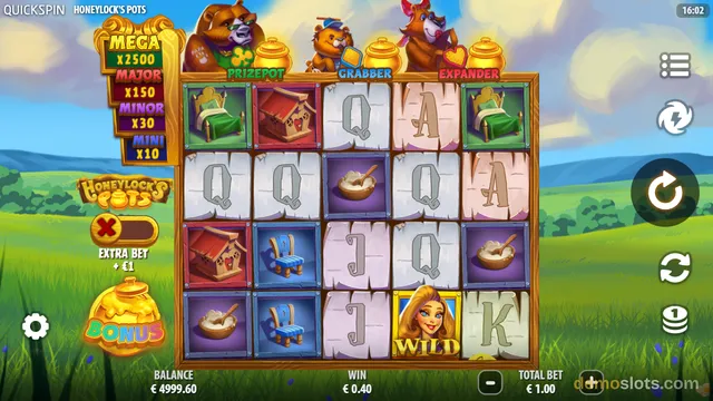 A 5x4 slot grid titled HoneyLock's Pots is displayed with symbols including beds, houses, bowls, chairs, and letters, with three bear characters above the grid.