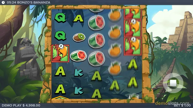 A jungle-themed slot game titled BONZO'S BANANZA shows a 5-column grid of fruit and letter symbols with a toucan character, set against a backdrop of stone ruins and tropical foliage.