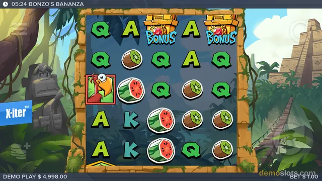 A 5x5 grid slot game called Bonzo's Bananza shows a settled spin with fruit and letter symbols.